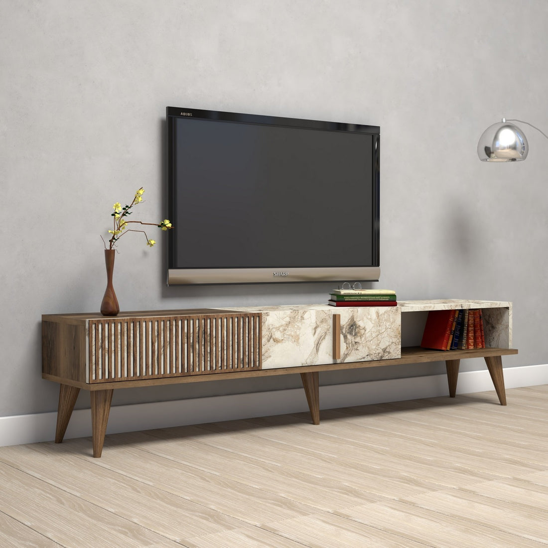 Meuble TV Milan - Walnut, White Marble
