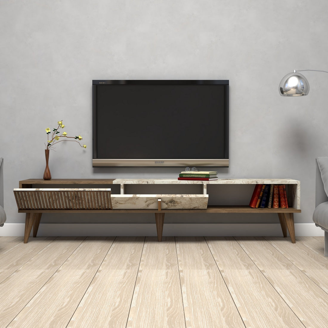 Meuble TV Milan - Walnut, White Marble