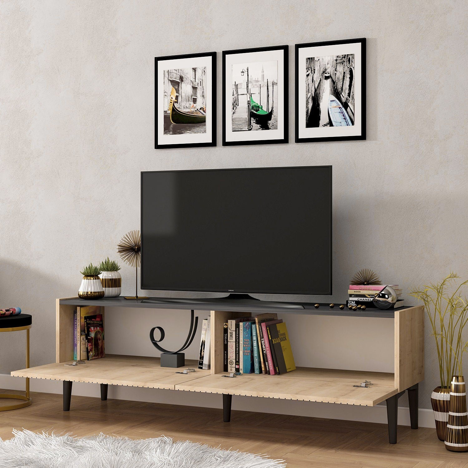 Meuble TV Draw - Sapphire Oak, Black Marble