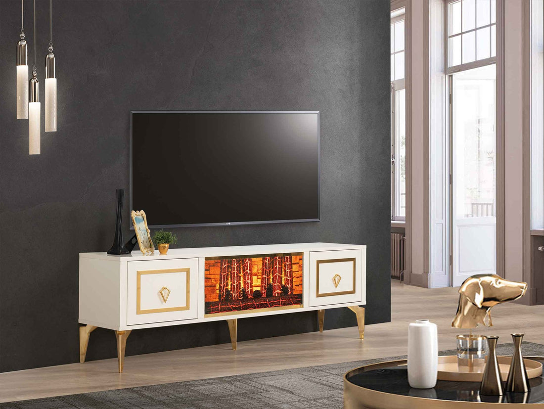 Milano Meuble TV Avec Cheminée Écru Dorée