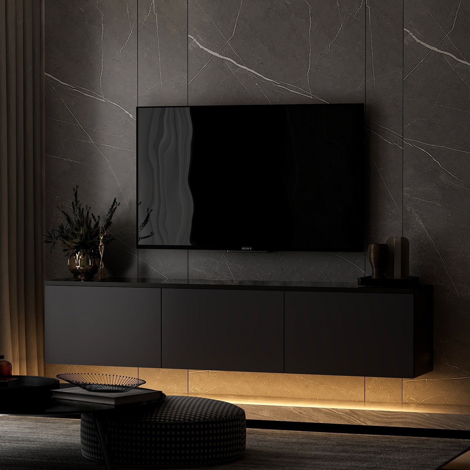 Meuble TV suspendu Ruxta L160cm Anthracite et Noir effet marbre