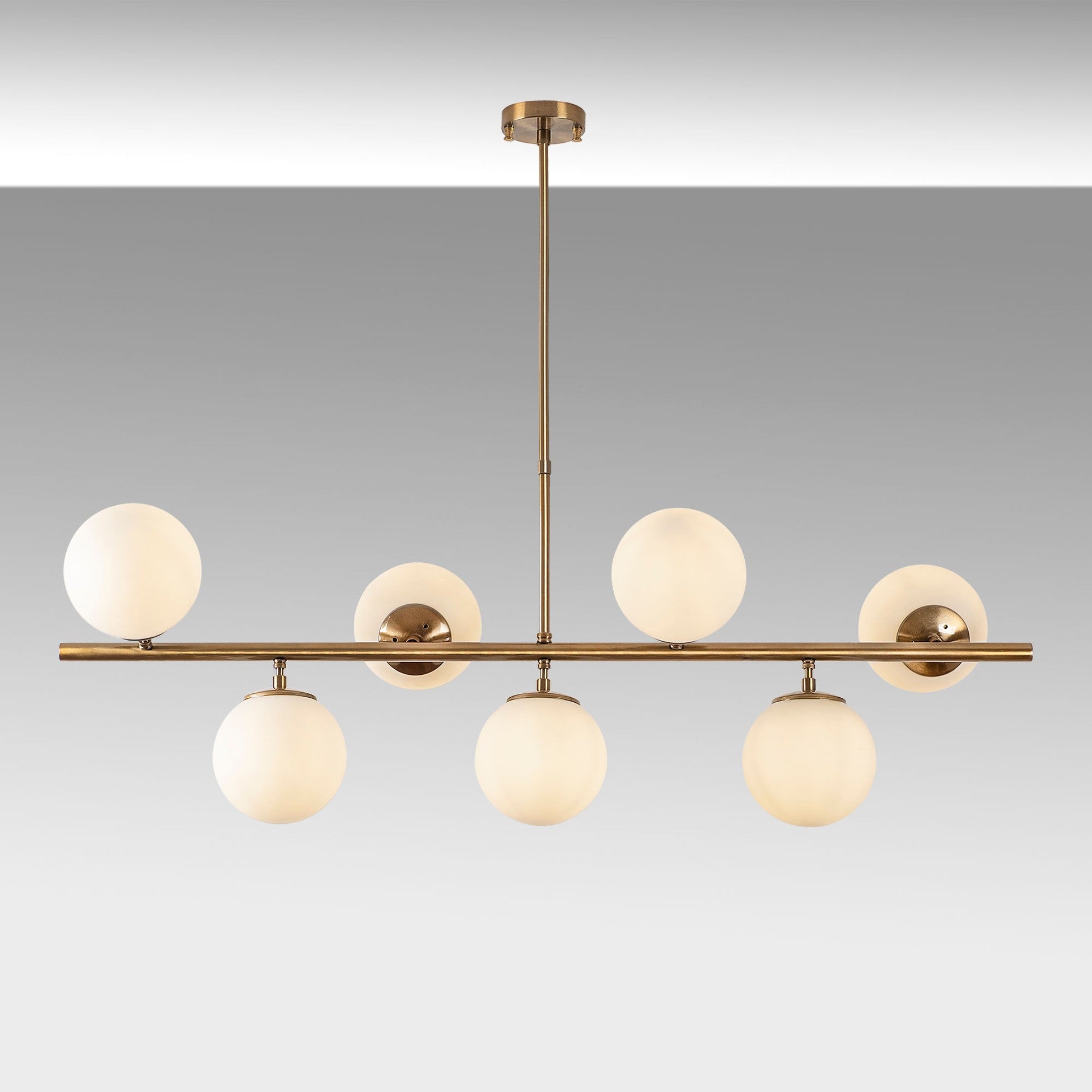 Suspension 7 lampes horizontale ajustable Holla L113cm Verre Blanc et Métal Or