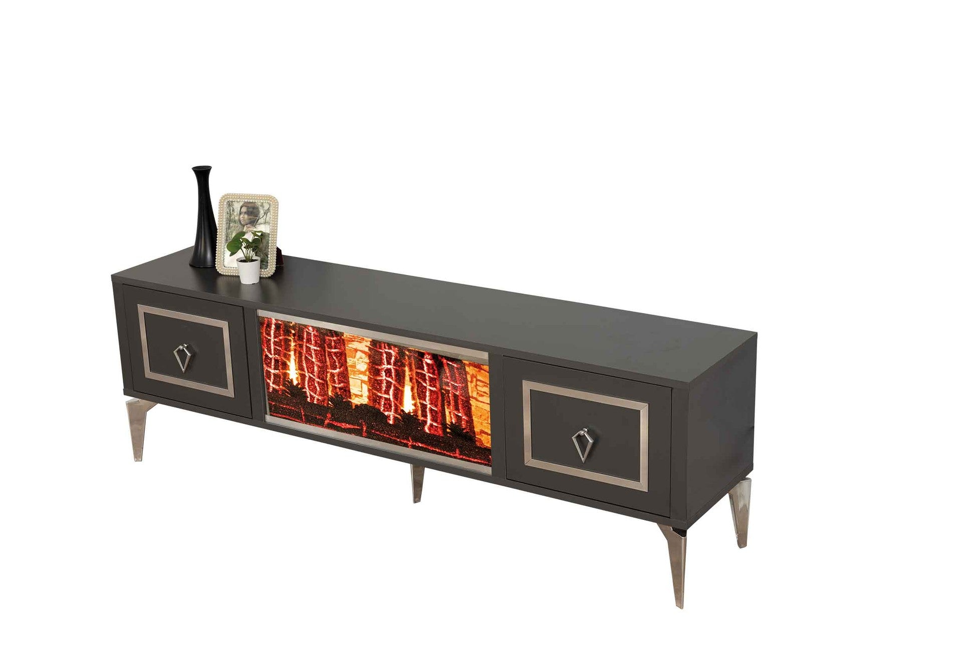 Milano Meuble TV Avec Cheminée Anthracite Chromé