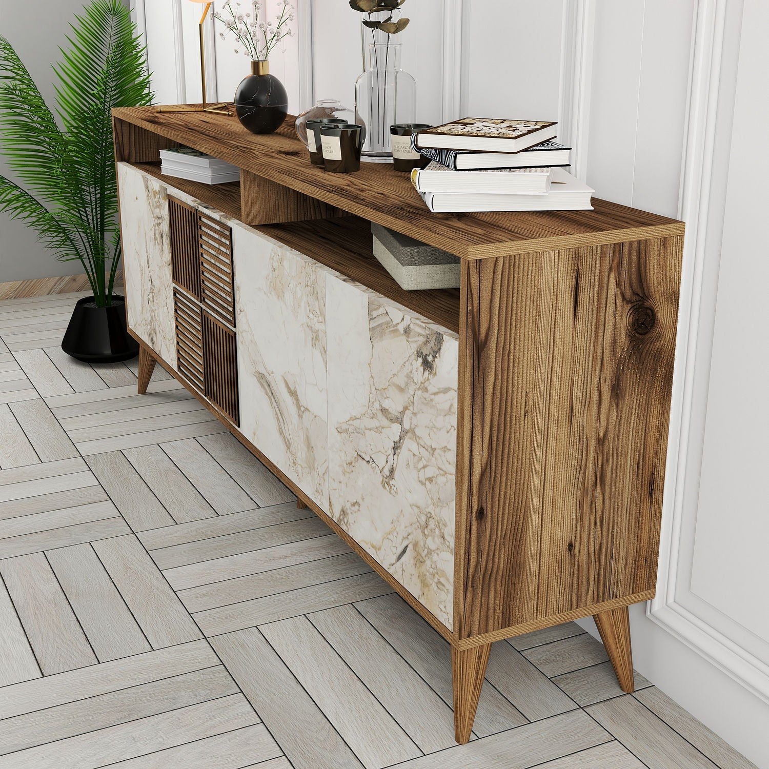Console Milan - Walnut, White Marble