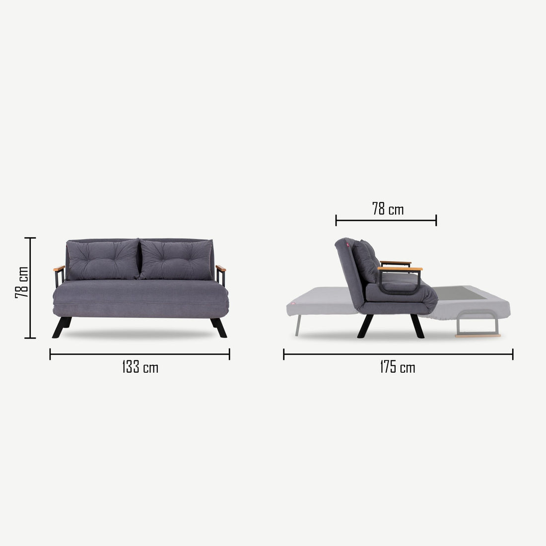 Canapé 2 places convertible Yolanda Métal Noir et Tissu Gris