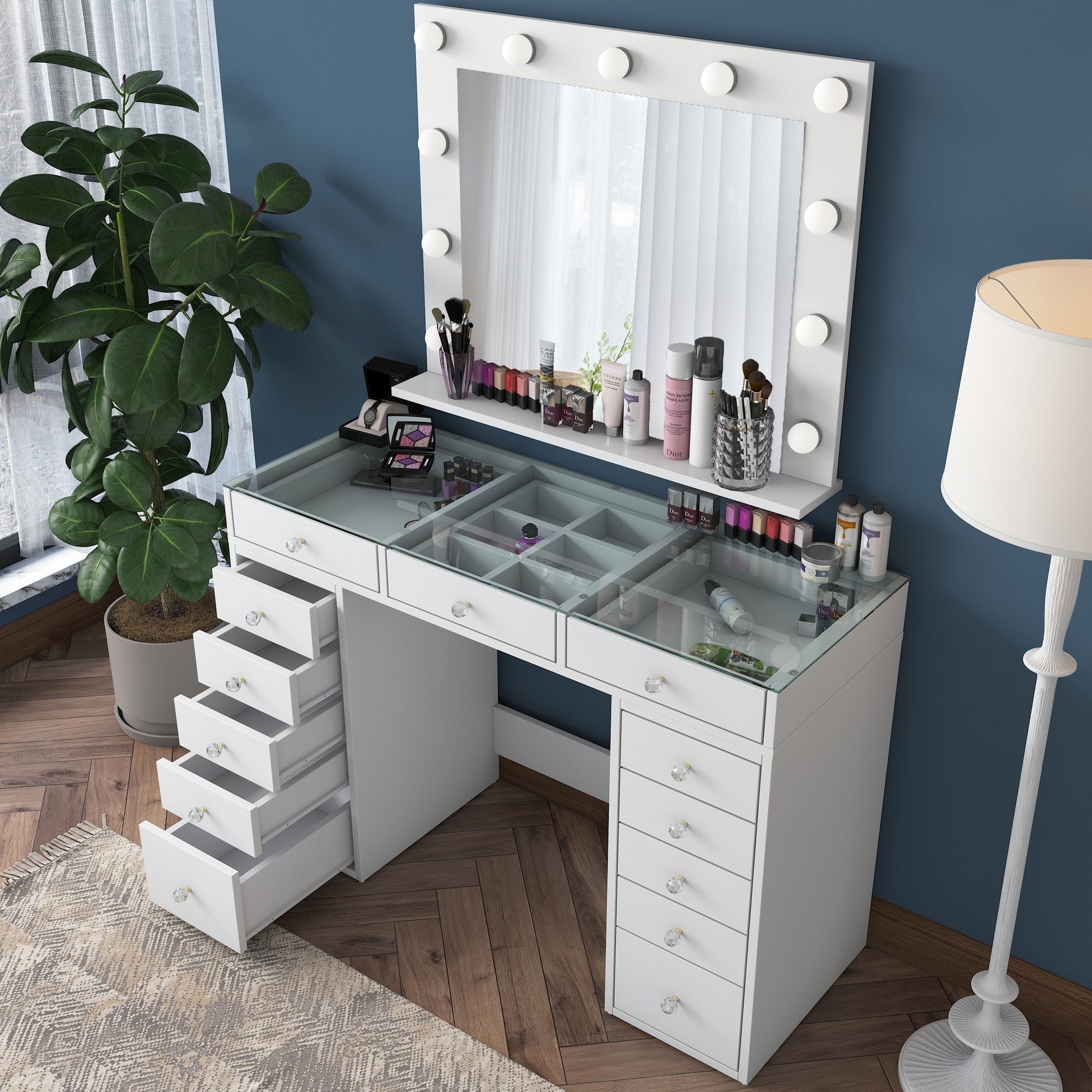 Coiffeuse moderne avec miroir LED et dessus Transparent Beline L120cm Blanc