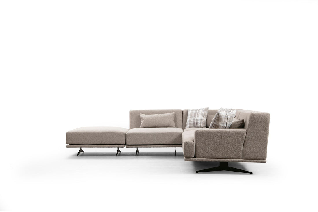 Canapé d'angle à gauche avec pouf et 3 coussins Ravina Tissu Beige