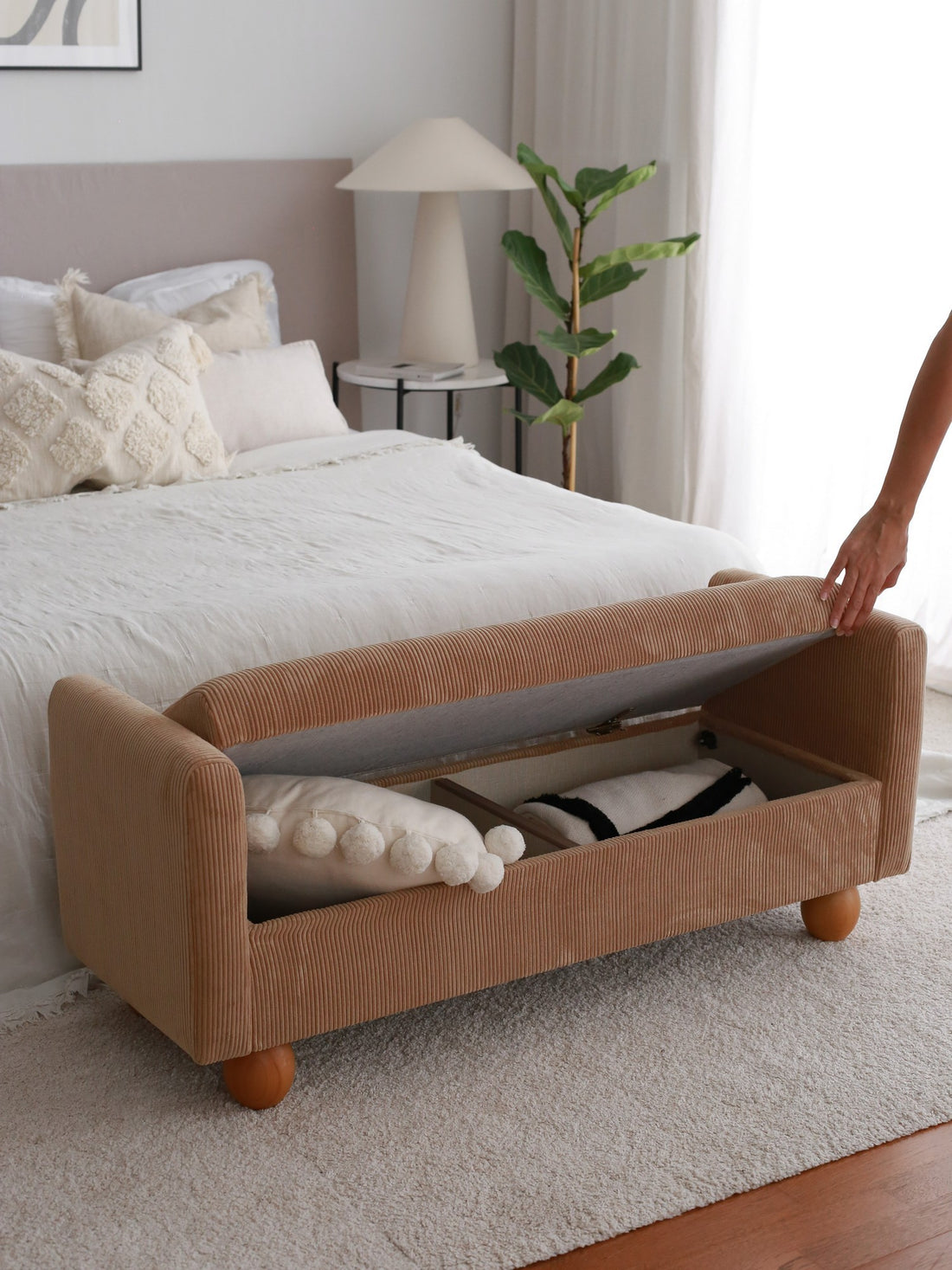 Banquette coffre Evar L115cm Velours côtelé Camel