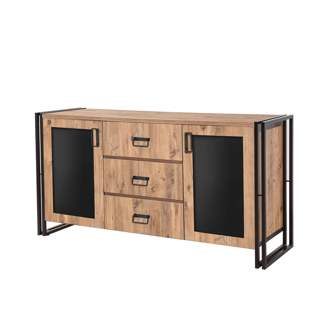 Buffet 2 portes 3 tiroirs style industriel bois chêne clair et métal noir Dukita 160cm