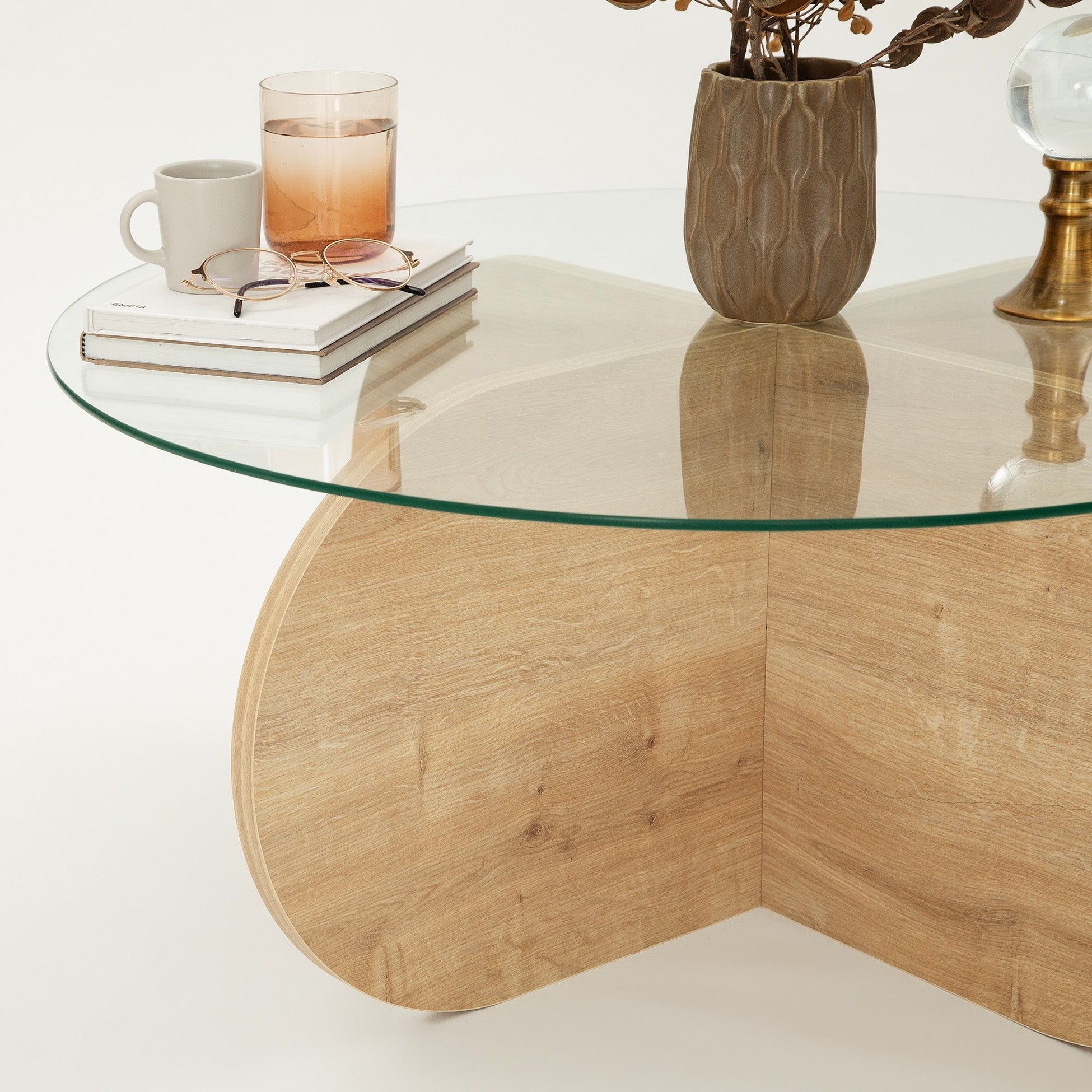 Table basse design sunac d90cm verre transparent et chêne clair