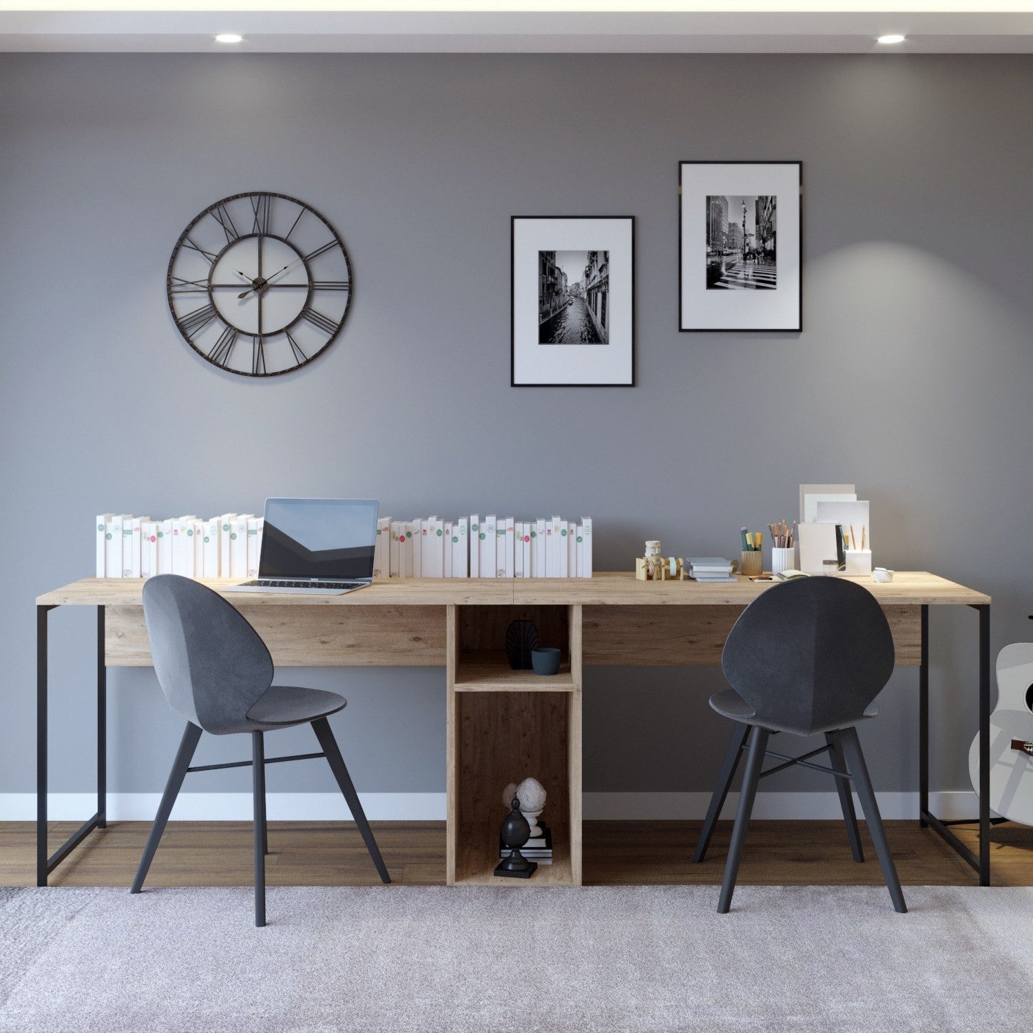 Bureau double Adelix L240cm Chêne clair et Métal Noir