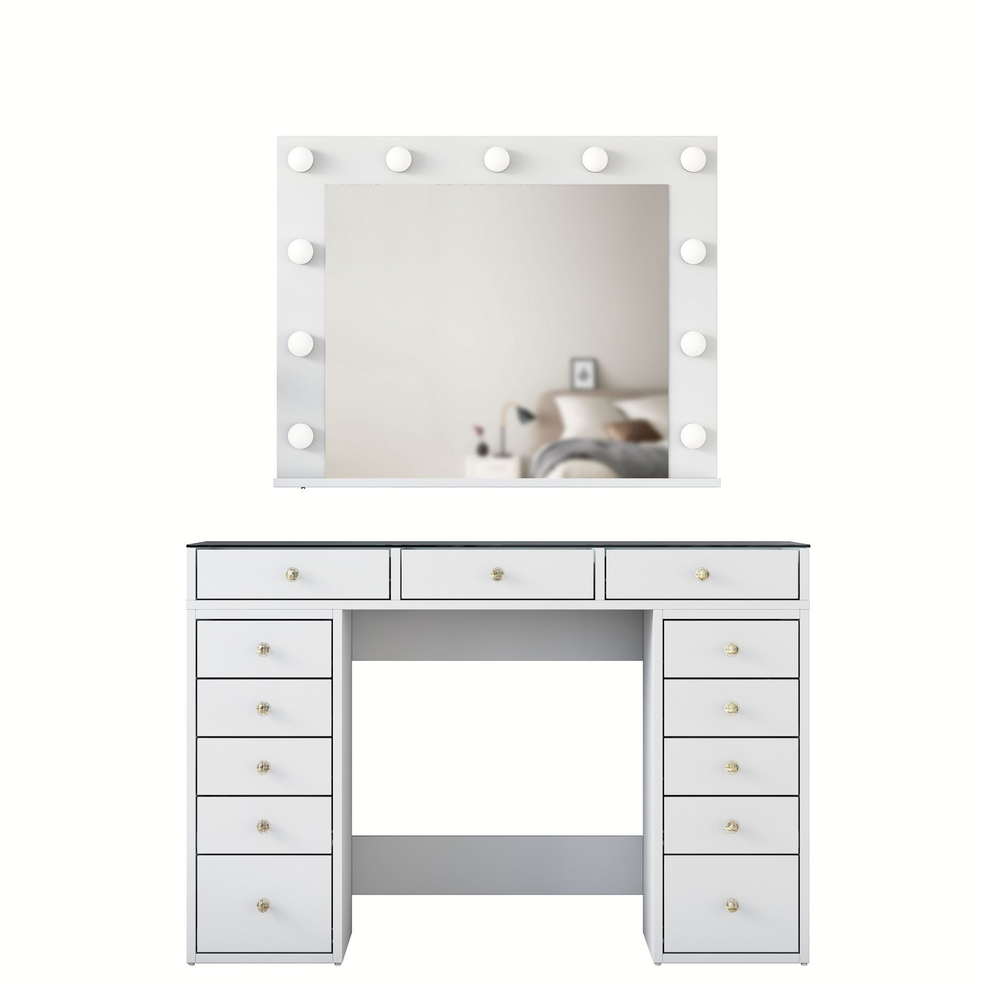 Coiffeuse moderne avec miroir LED et dessus Transparent Beline L120cm Blanc