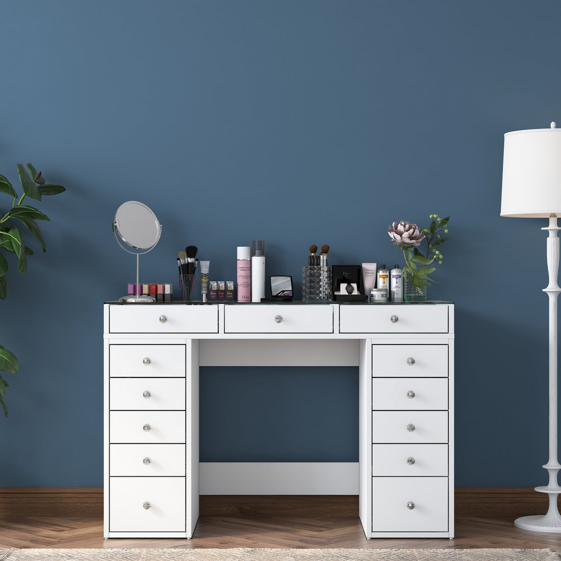Coiffeuse moderne avec dessus Transparent Beline L120cm Blanc