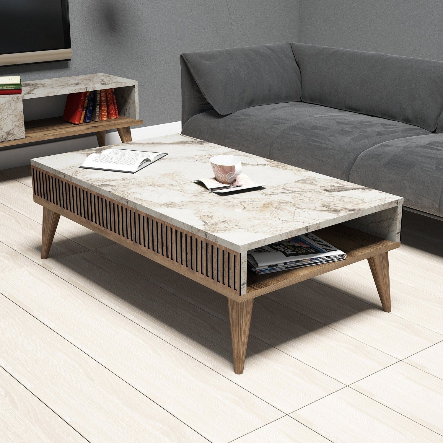 Table basse Milan - Walnut, White Marble