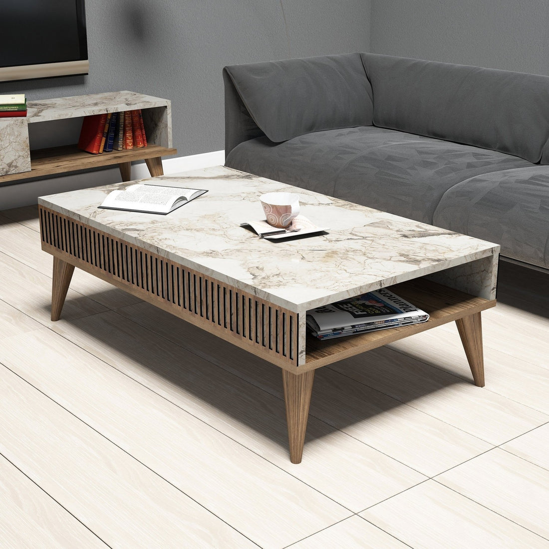 Table basse Milan - Walnut, White Marble
