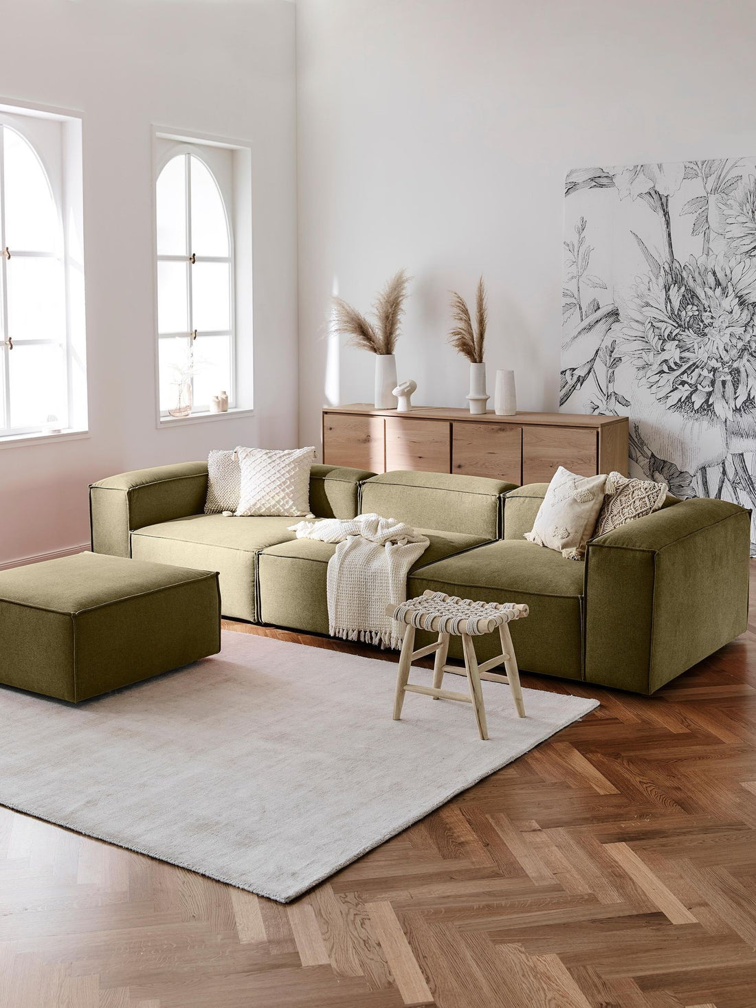 Canapé modulable 4 places en Lin avec pouf Frid