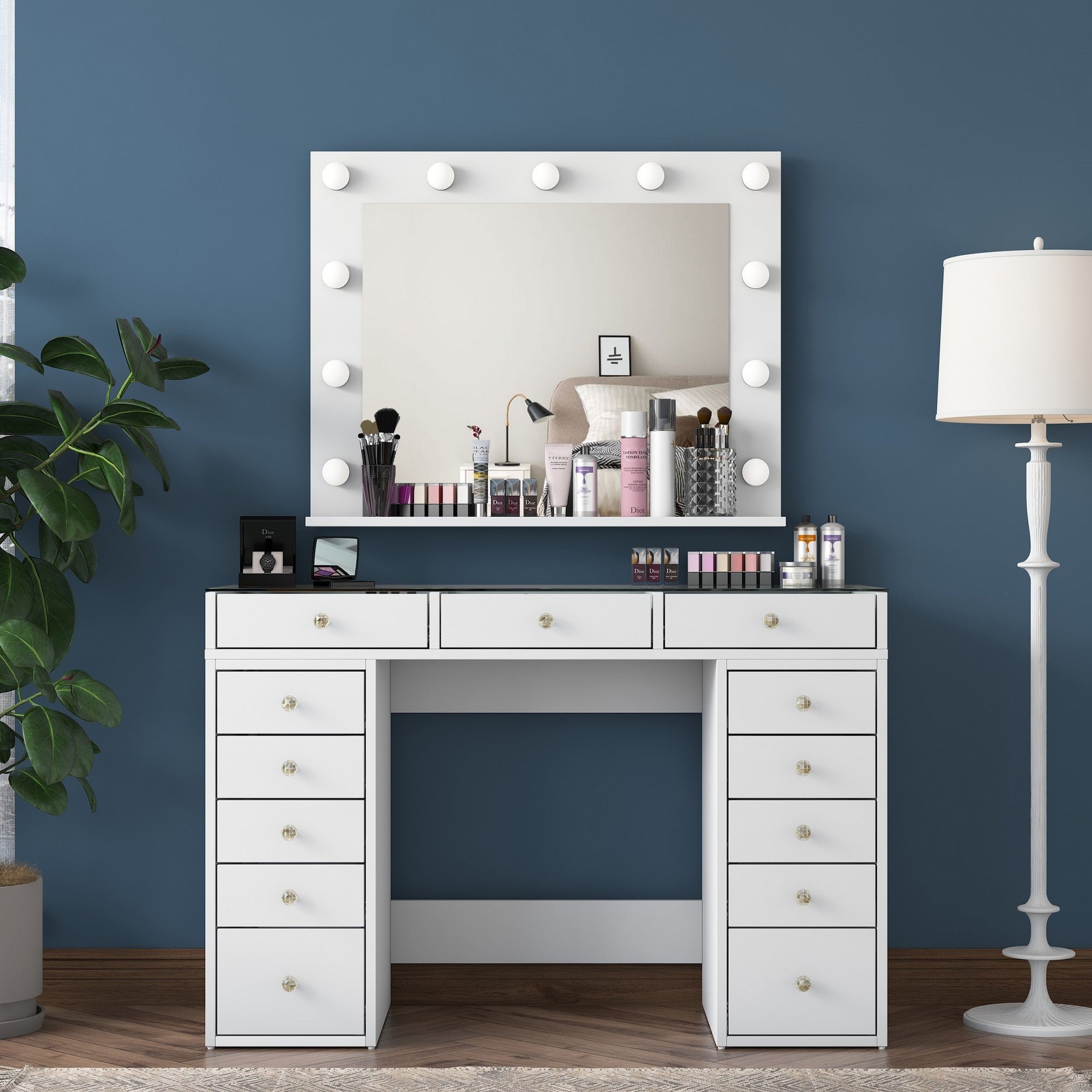 Coiffeuse moderne avec miroir LED et dessus Transparent Beline L120cm Blanc