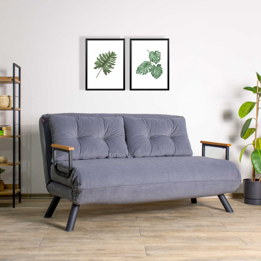 Canapé 2 places convertible Yolanda Métal Noir et Tissu Gris
