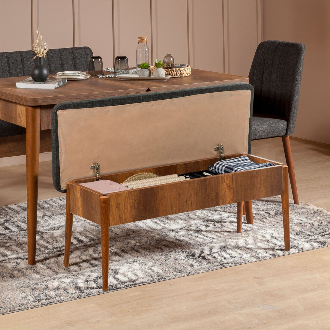 Table à manger et jeu de chaises extensible (5 pièces) Vina Walnut Anthracite