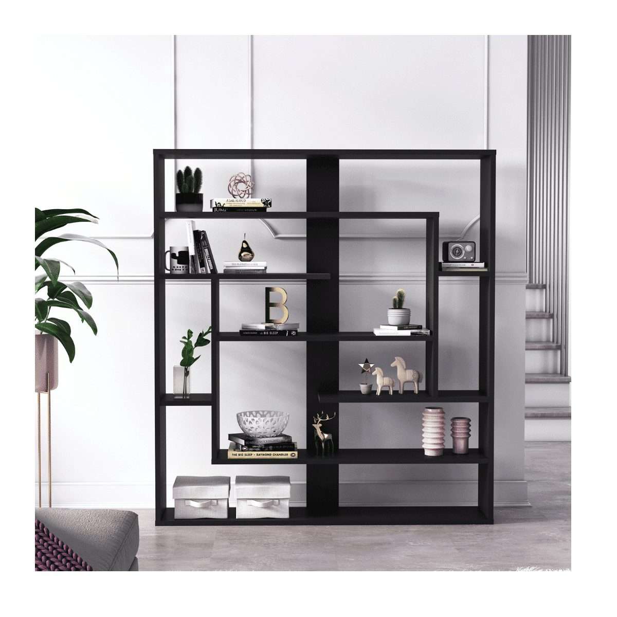 Bibliothèque noir Sebestian | Séparateur de pièce