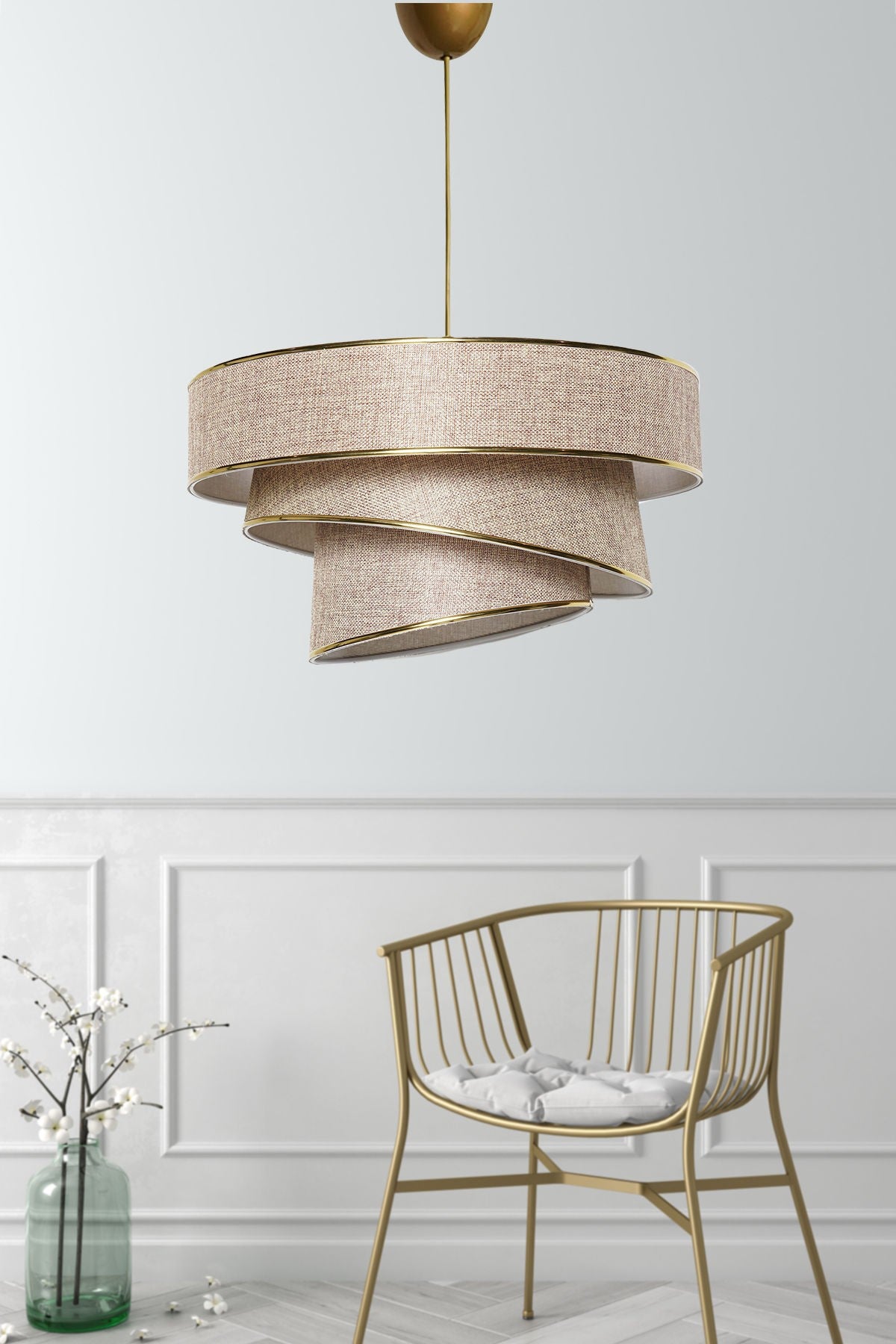 Suspension 3 cylindres design oblique Inconditus Ø40cm Beige et Or