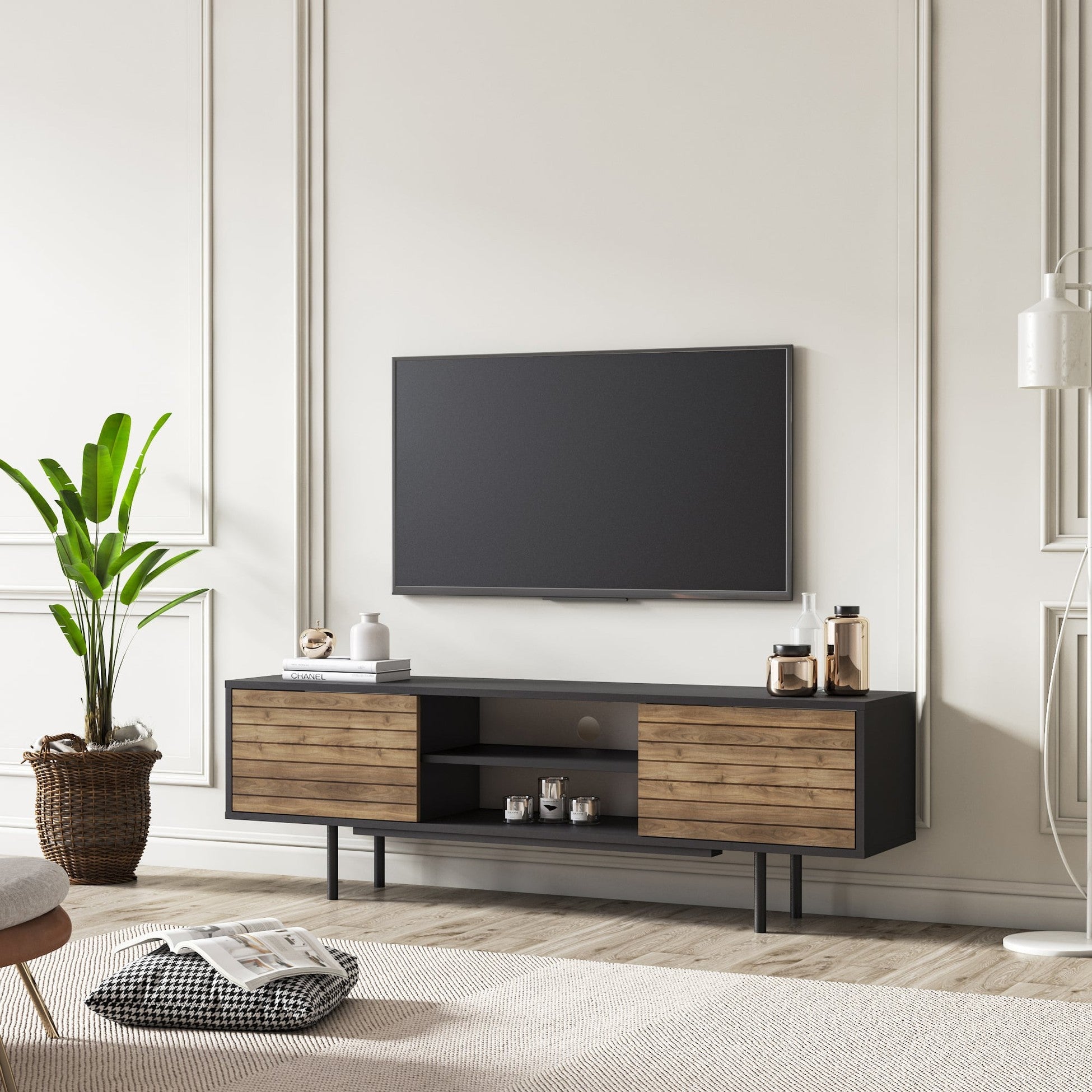 Meuble TV moderne 160cm 2 portes Colosseo Bois foncé et Noir