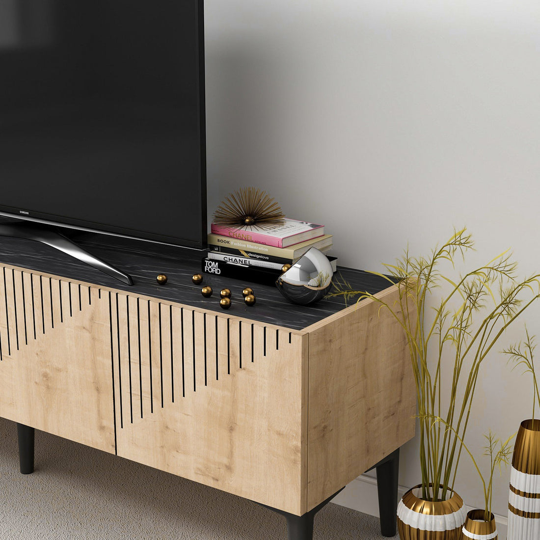 Meuble TV Draw - Sapphire Oak, Black Marble