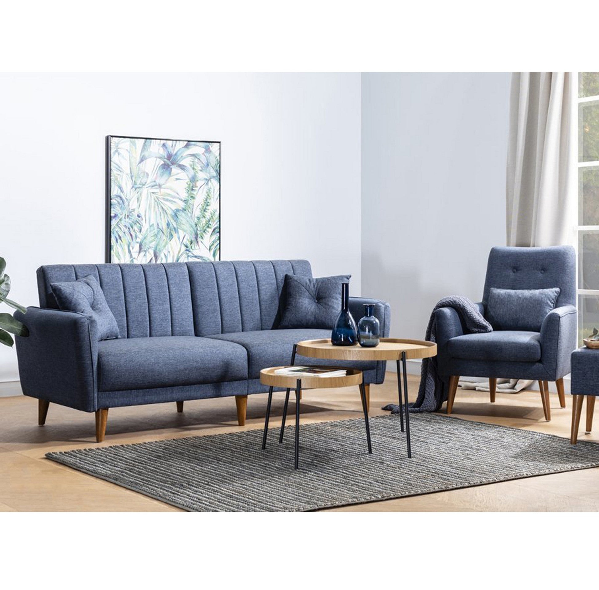Ensemble canapé convertible 2 places et fauteuil Ikaria Tissu Bleu