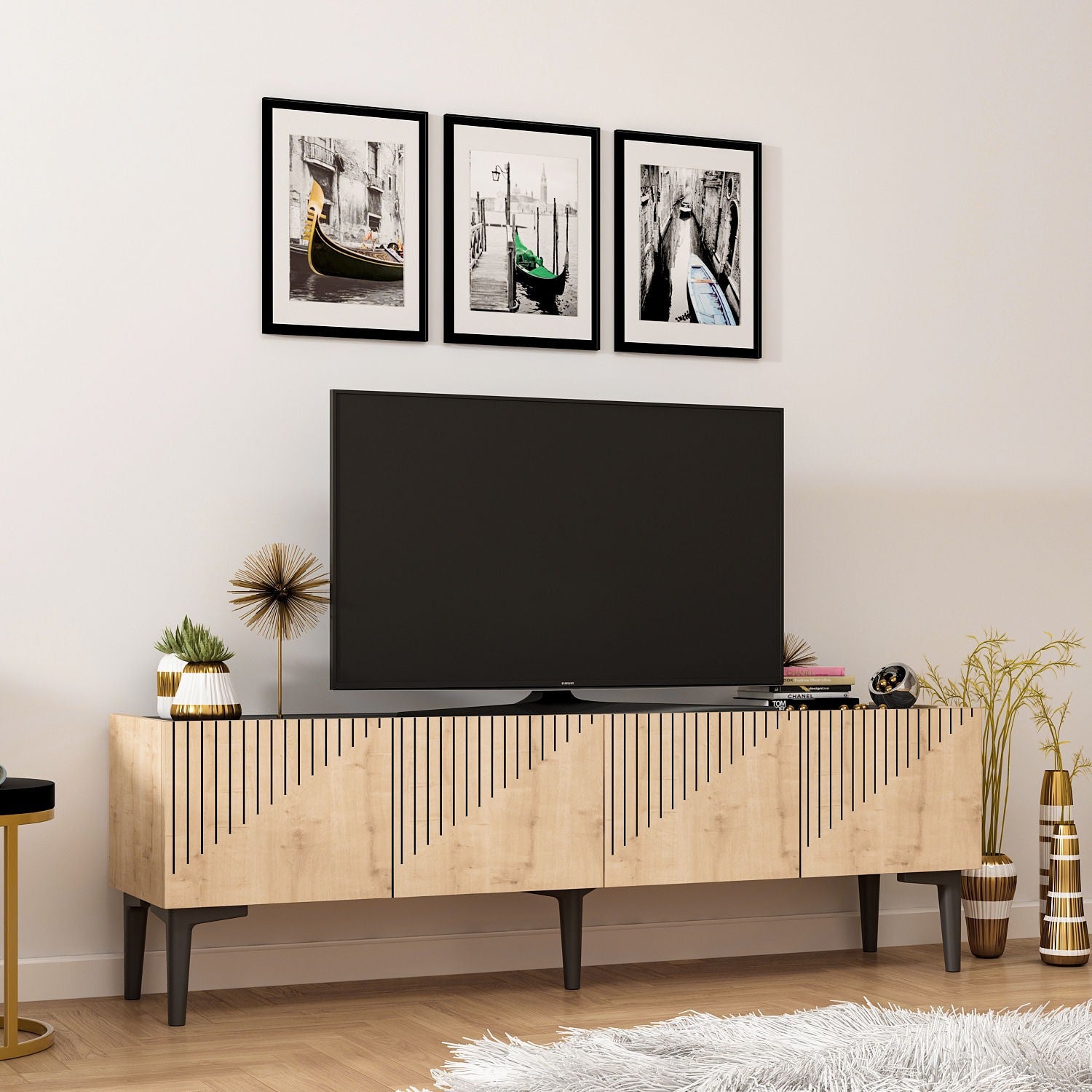 Meuble TV Draw - Sapphire Oak, Black Marble