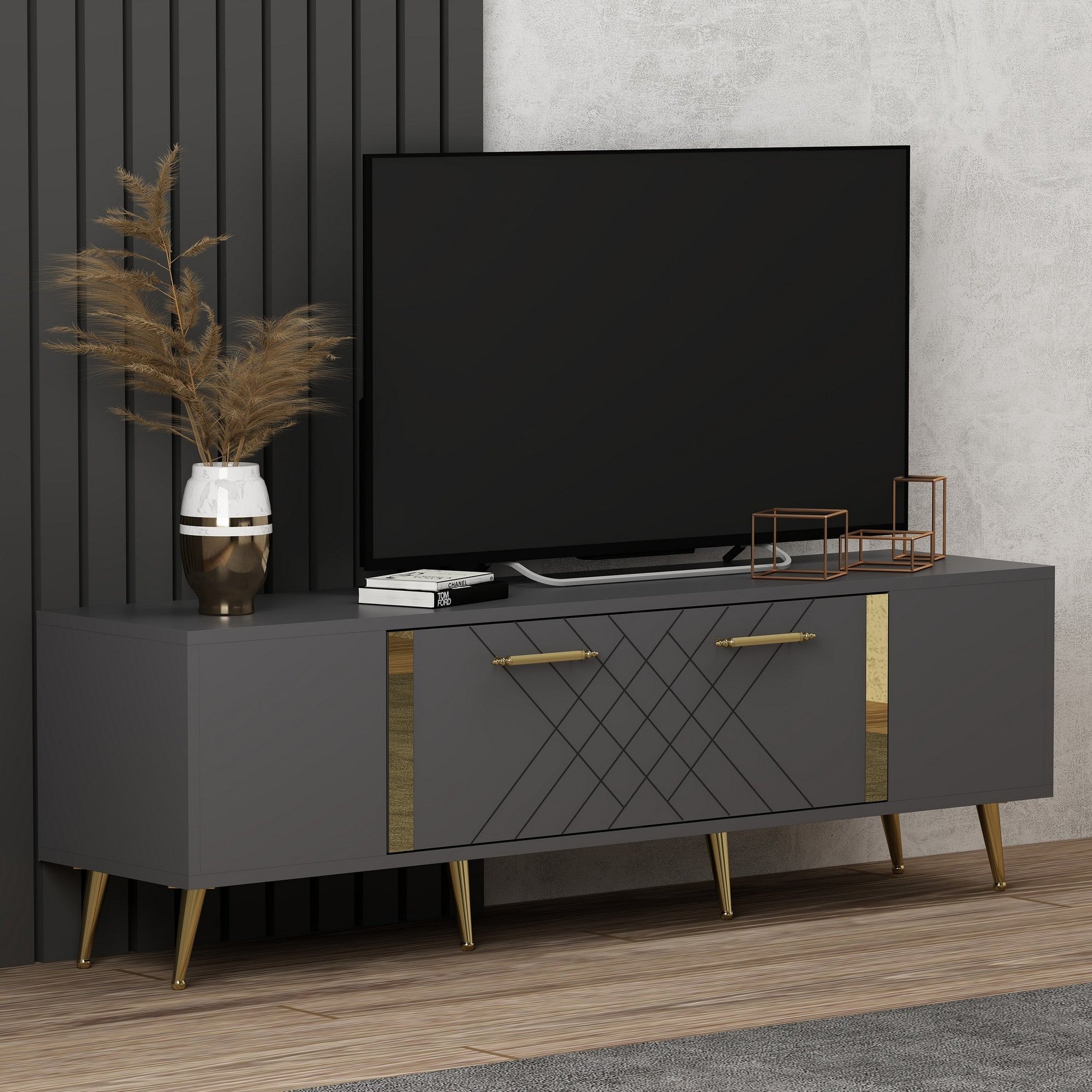 Meuble TV Detas - Anthracite, Gold