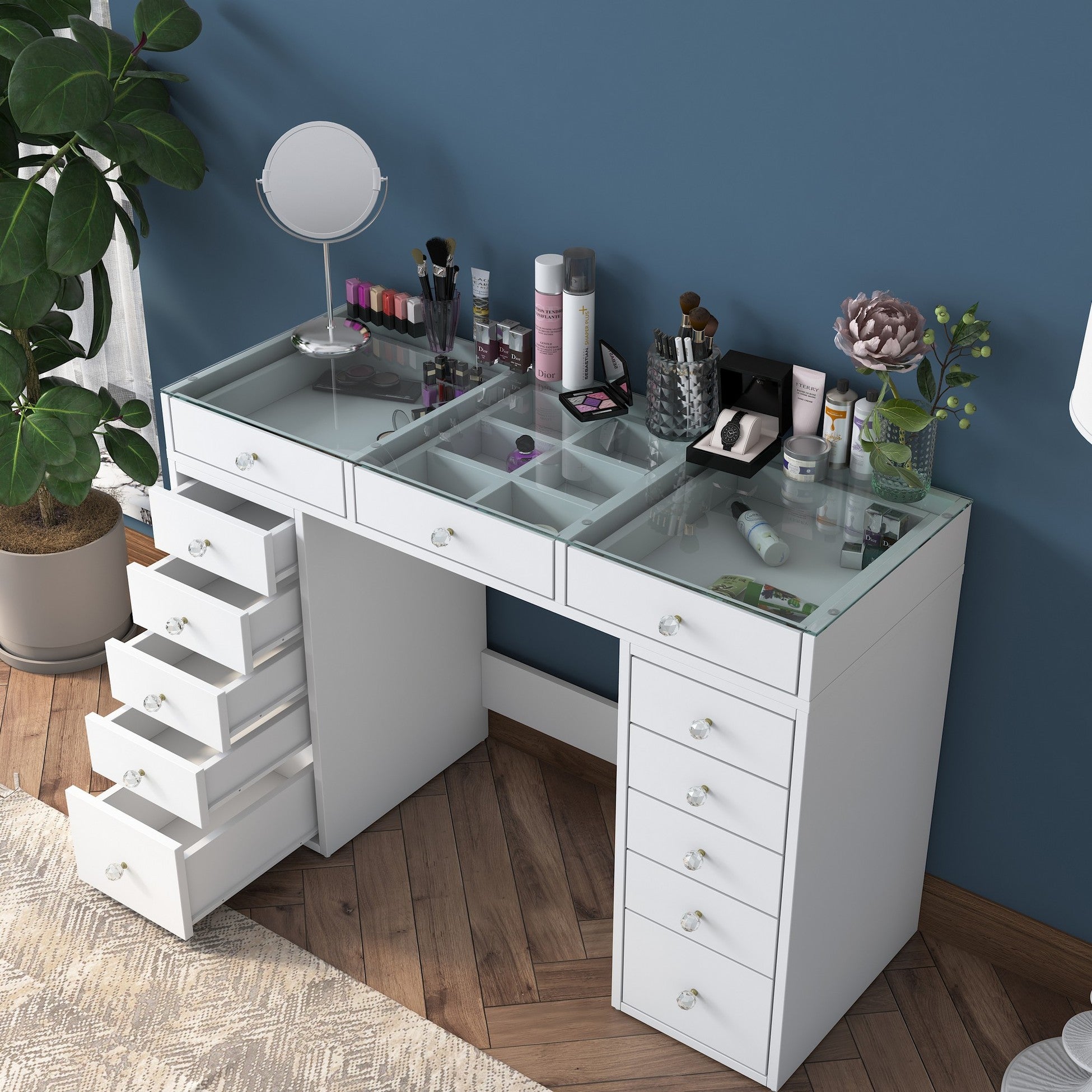 Coiffeuse moderne avec dessus Transparent Beline L120cm Blanc