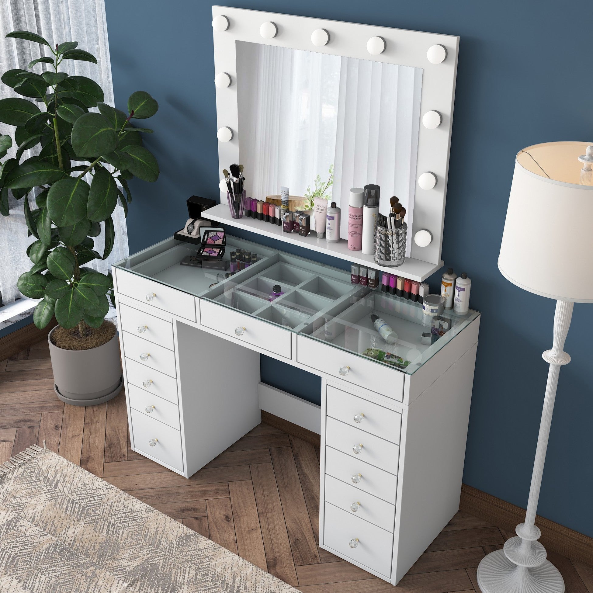 Coiffeuse moderne avec miroir LED et dessus Transparent Beline L120cm Blanc