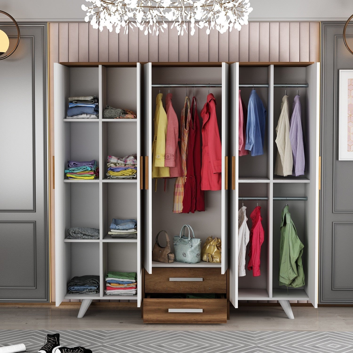 Armoire 6 portes et 2 tiroirs Guard L184cm Blanc et Bois foncé