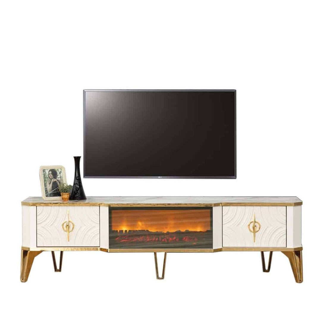 Viyana Meuble TV Avec Cheminée Écru Dorée