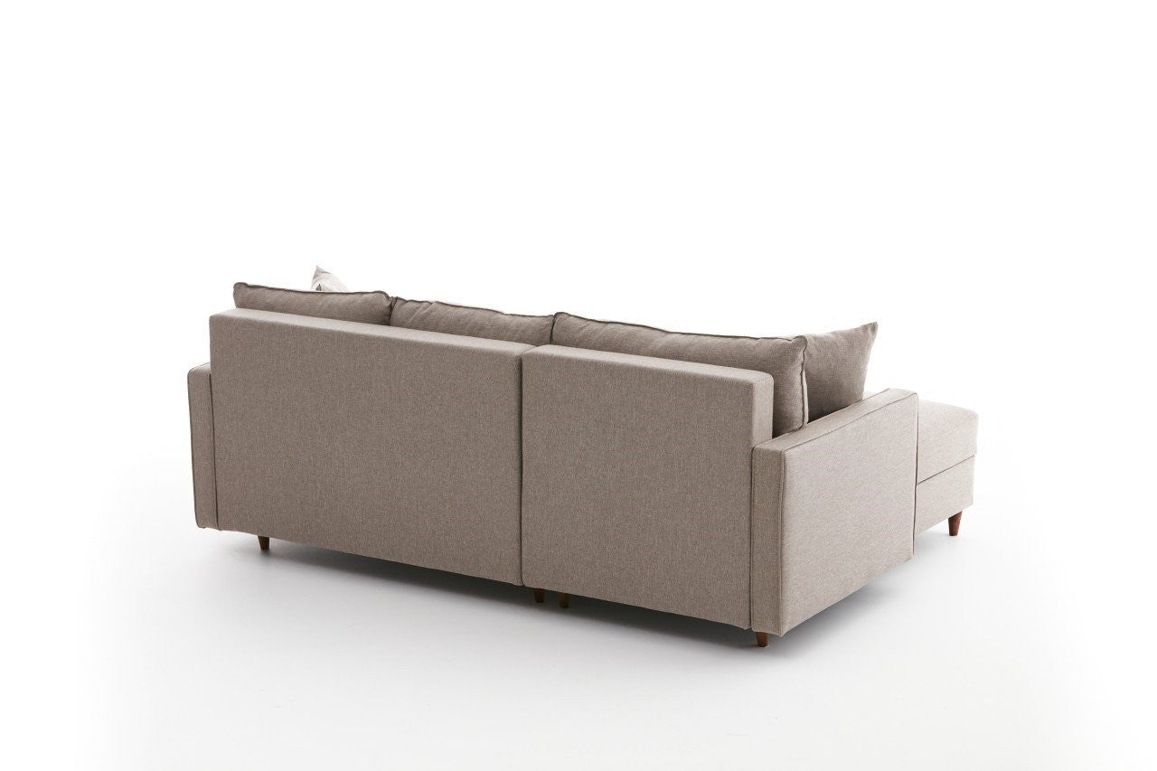 Canapé d'angle à gauche convertible avec pouf-coffre Evania Tissu Taupe