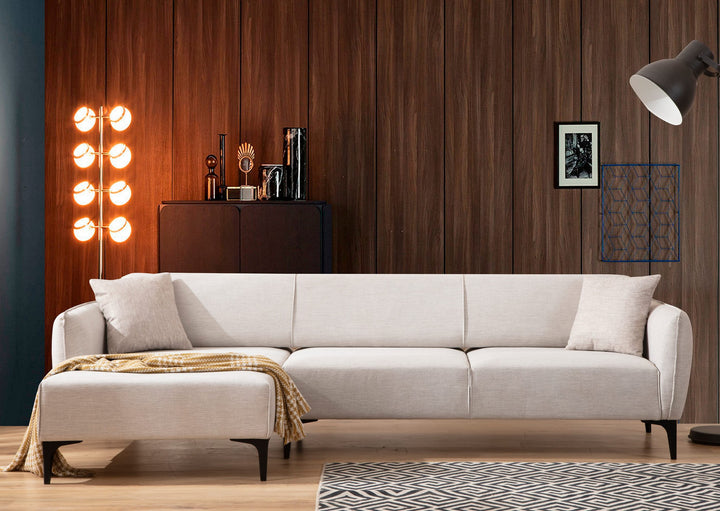 Canapé d'angle à gauche convertible avec 2 coussins Torga Tissu Blanc crème