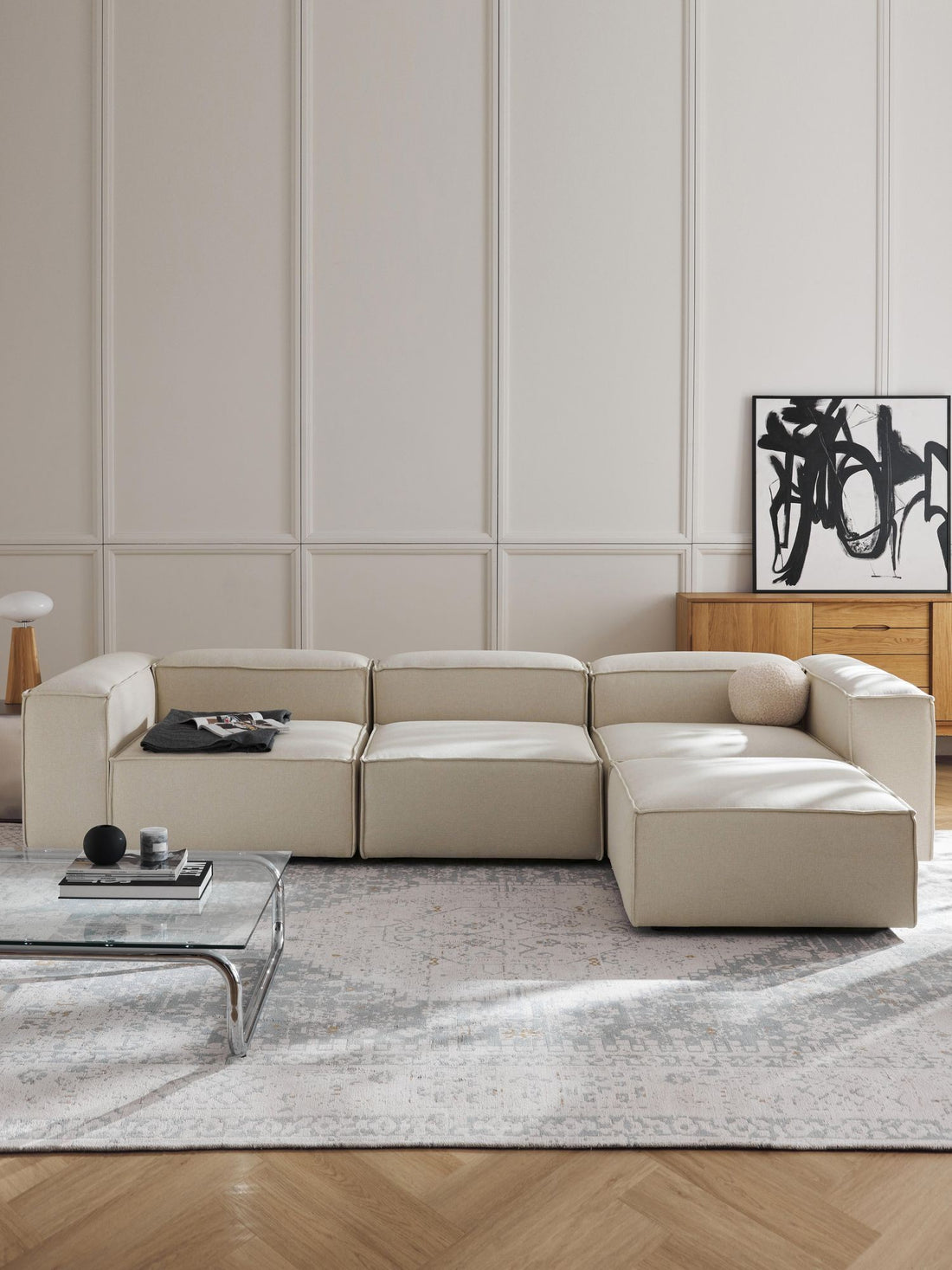 Canapé modulable 4 places en Lin avec pouf Frid