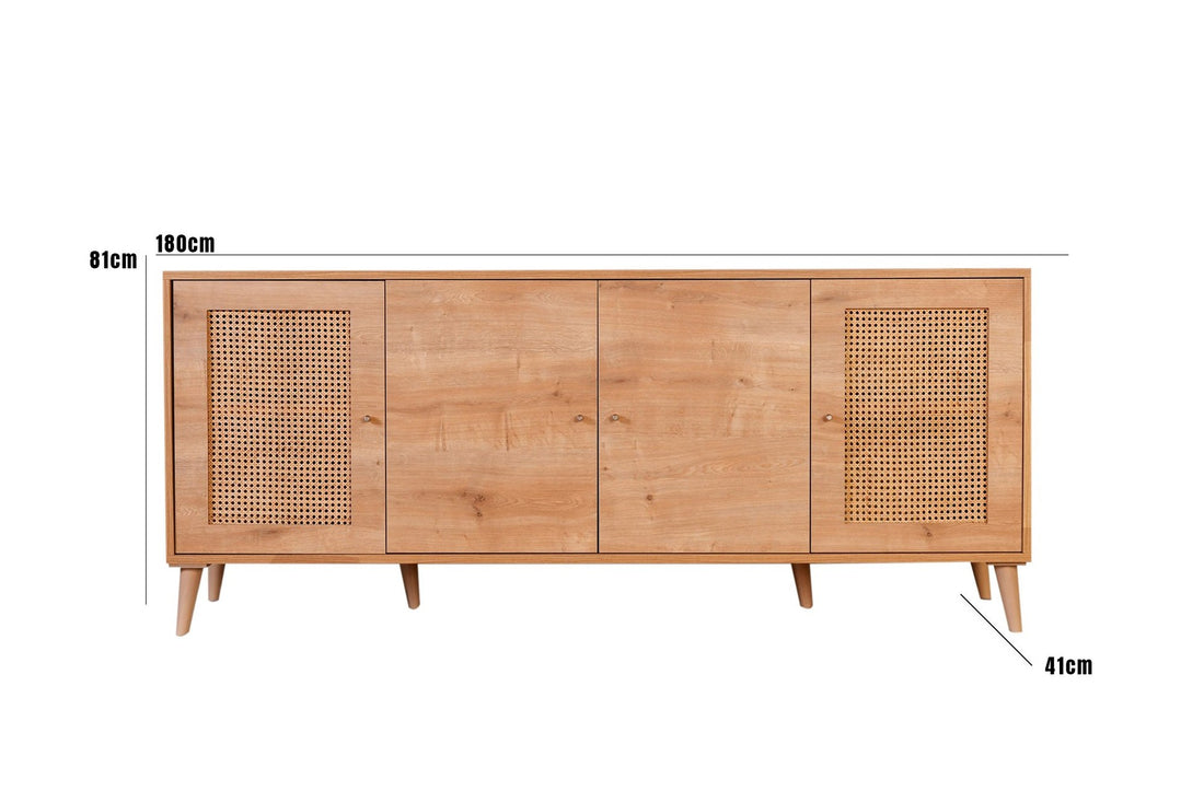 Buffet bas 4 portes avec cannage Lodim L180cm Chêne clair