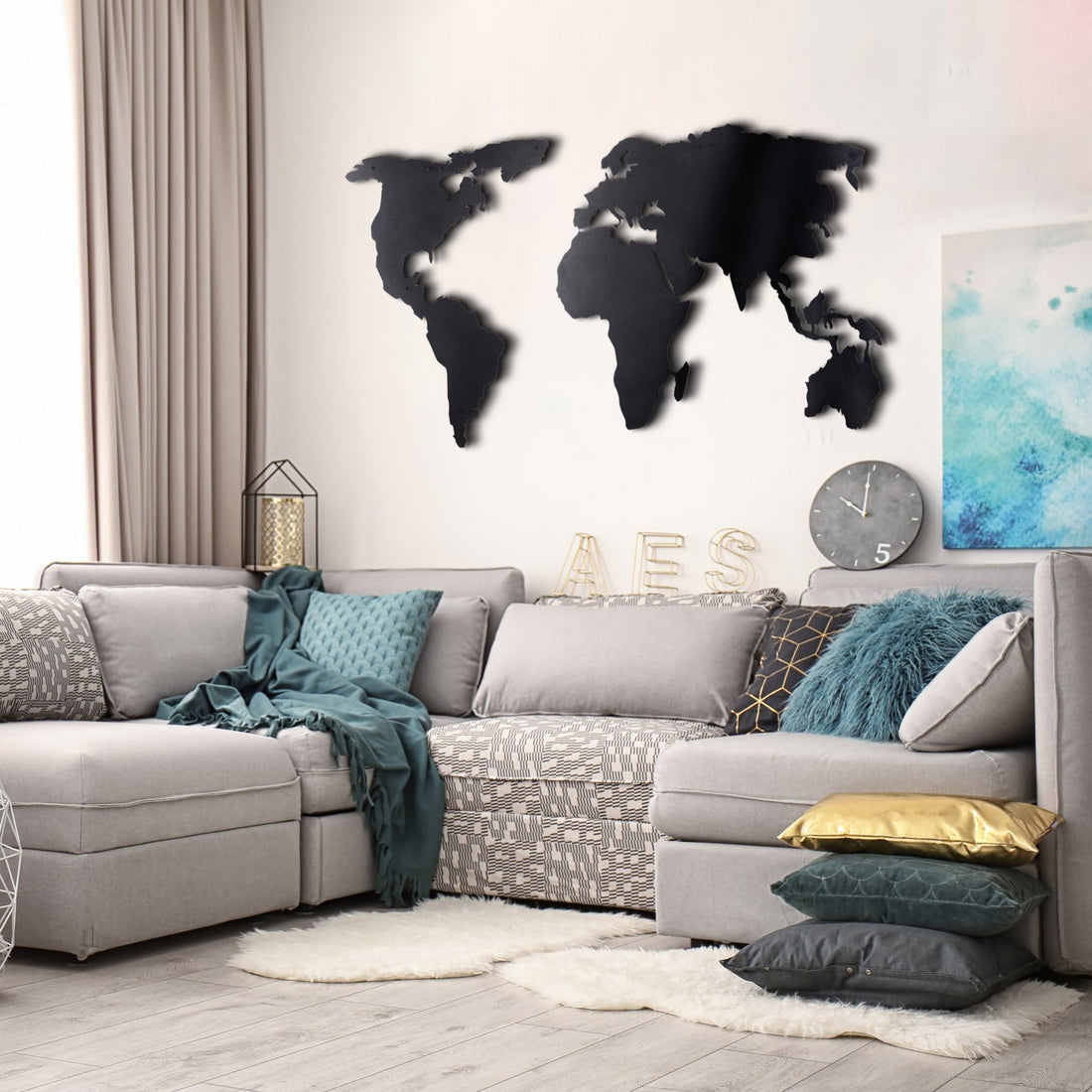 Accessoire mural en métal décoratif World Map Silhouette XL - Black