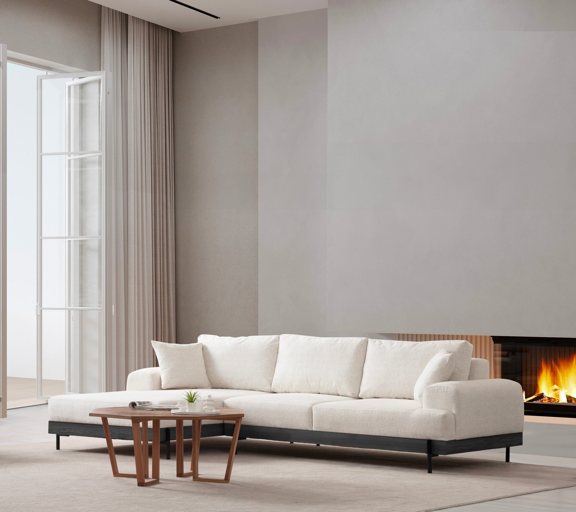 Canapé d'angle à droite kamily Bois Noir et Tissu bouclette Blanc