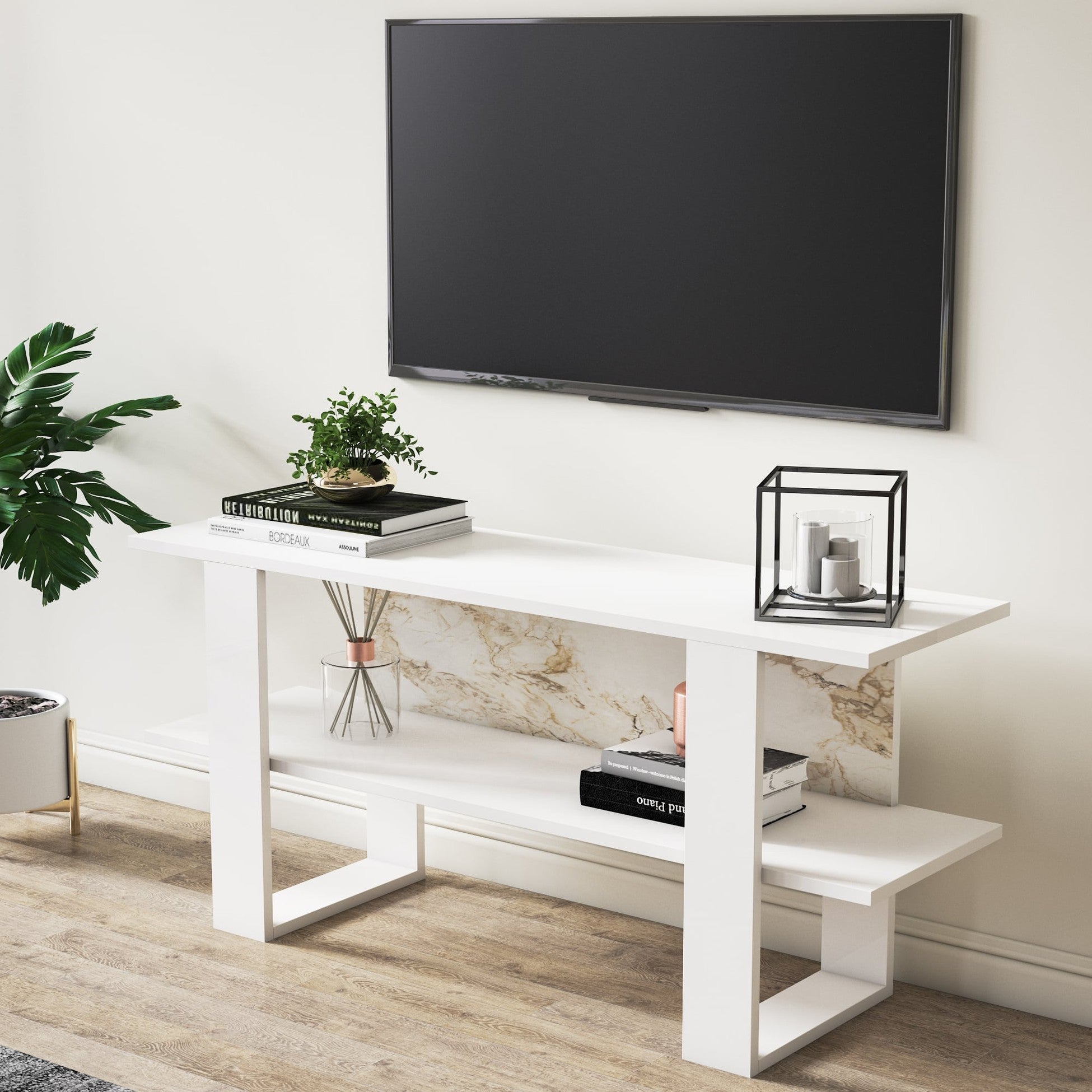Meuble TV moderne 120cm Bois Blanc en marble design Cornellia