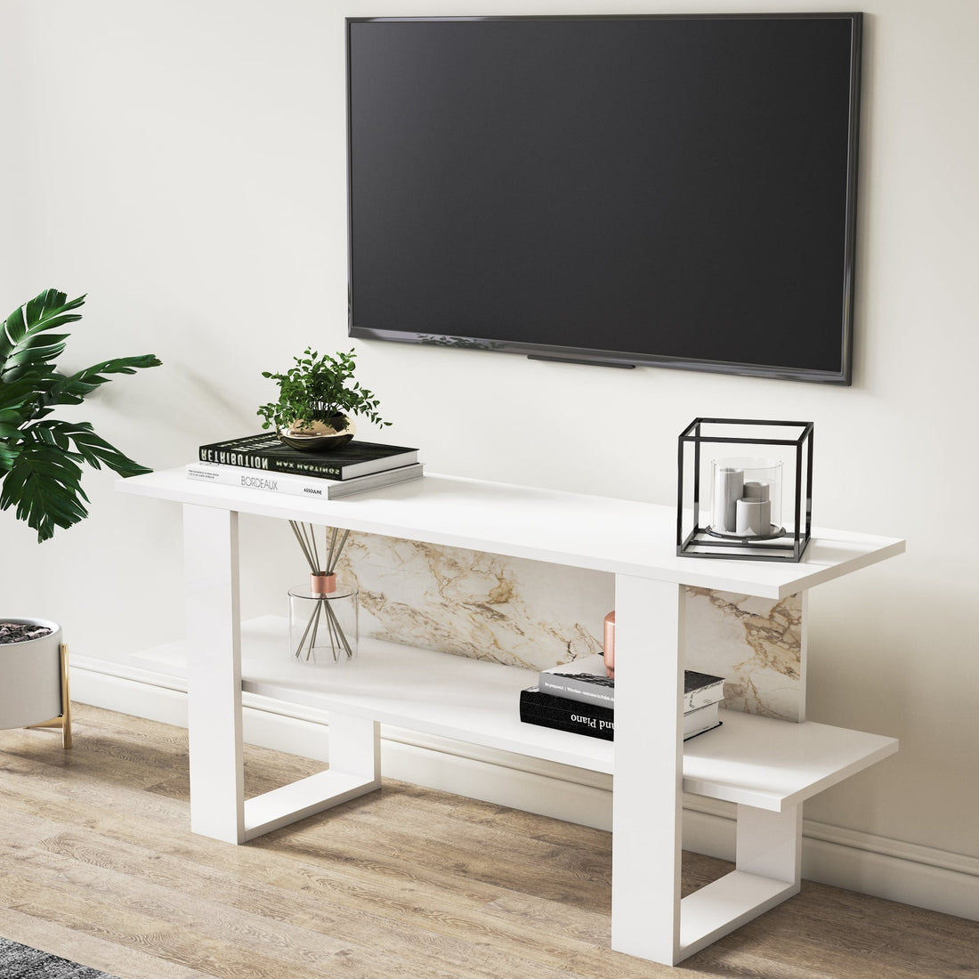 Meuble TV moderne 120cm Bois Blanc en marble design Cornellia