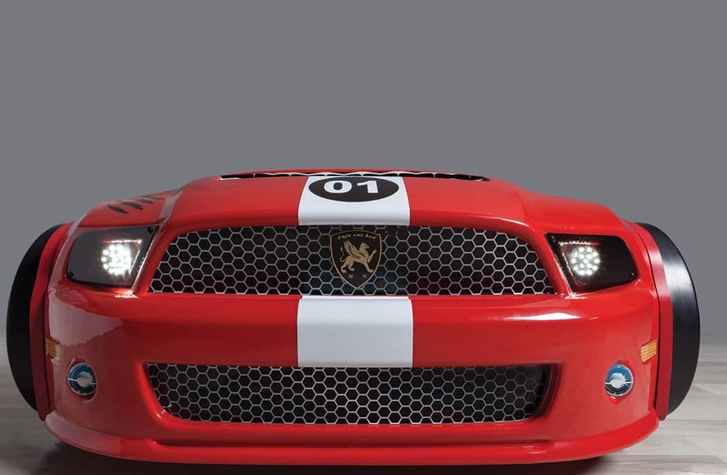 LIT VOITURE DE COURSE MUSTANG ROAD 66 ROUGE OU BLANC 90X190CM - Muscle