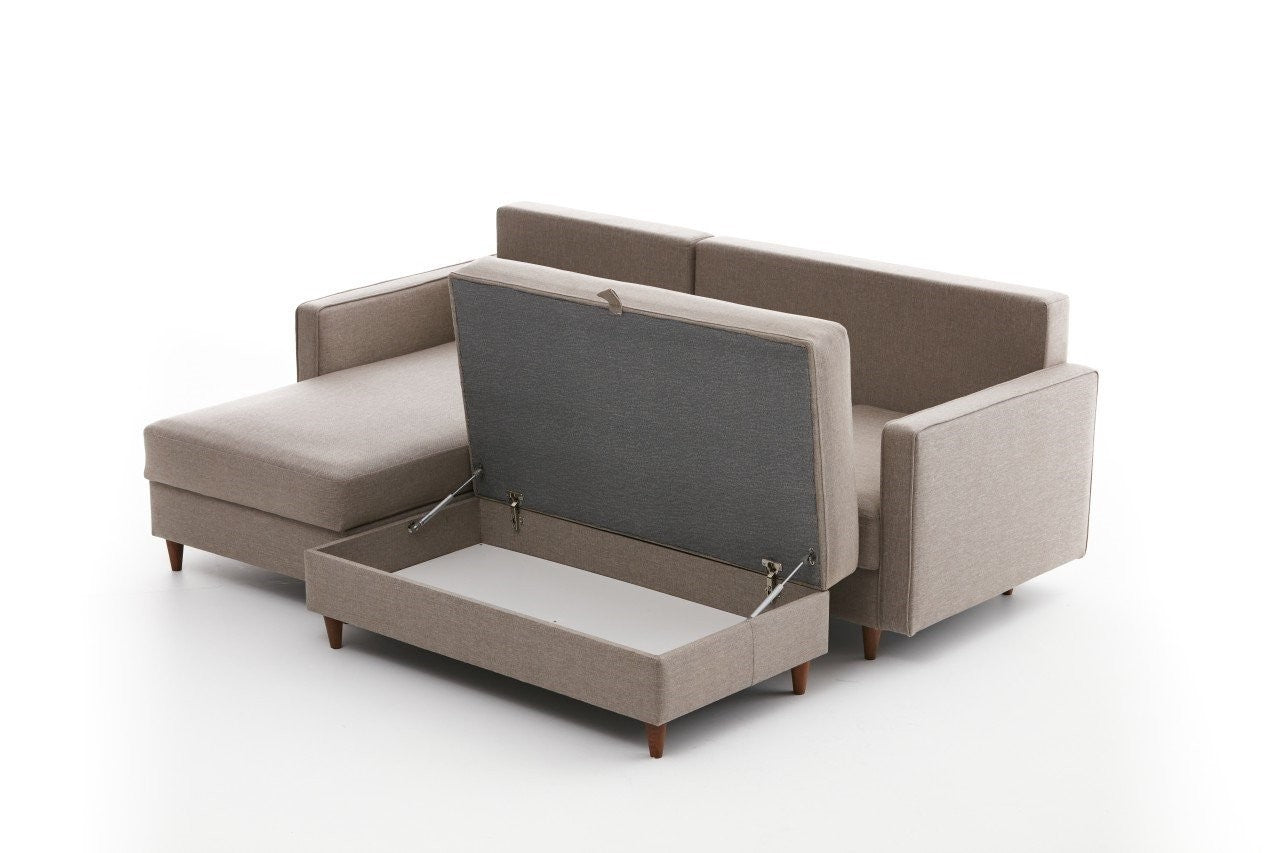 Canapé d'angle à gauche convertible avec pouf-coffre Evania Tissu Taupe