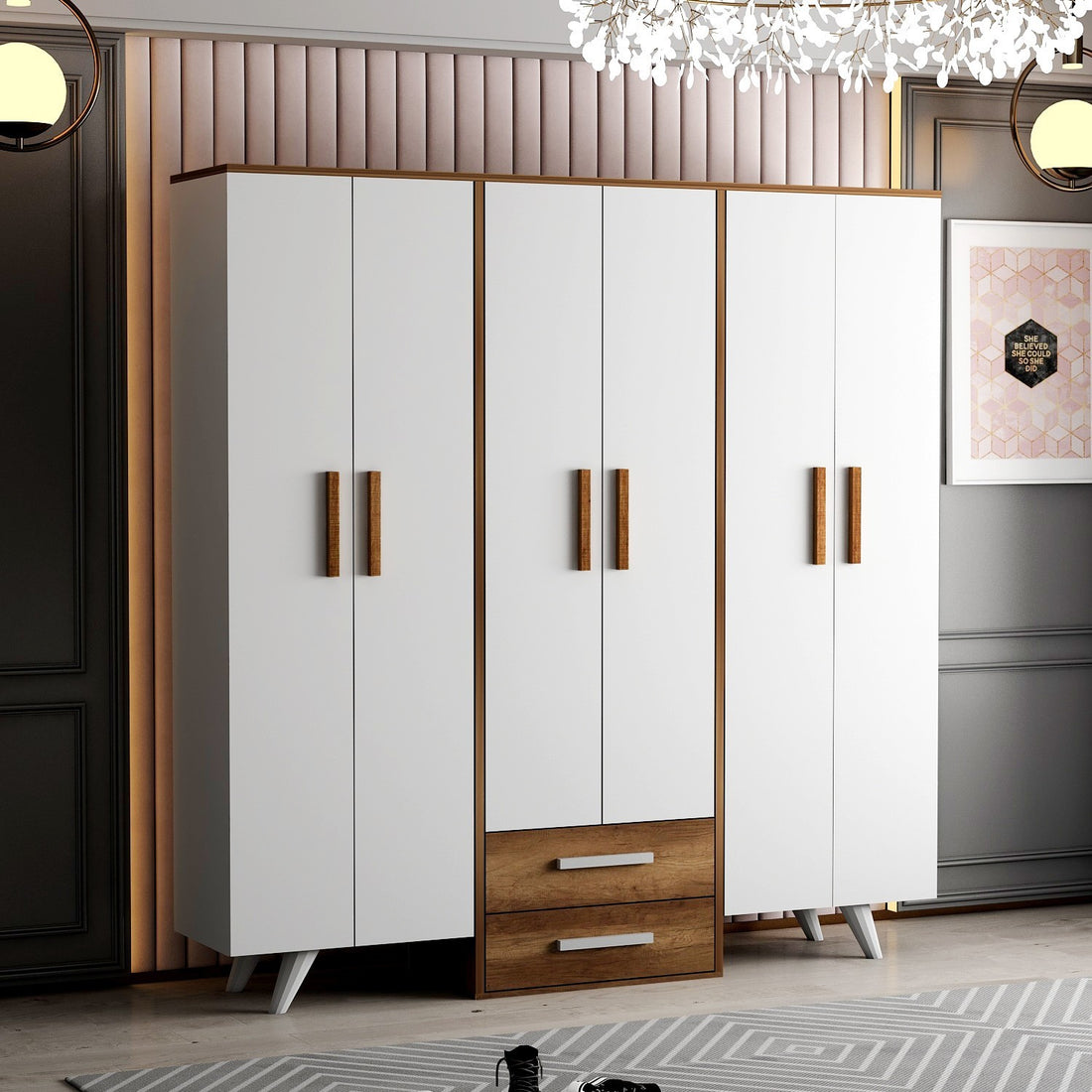 Armoire 6 portes et 2 tiroirs Guard L184cm Blanc et Bois foncé