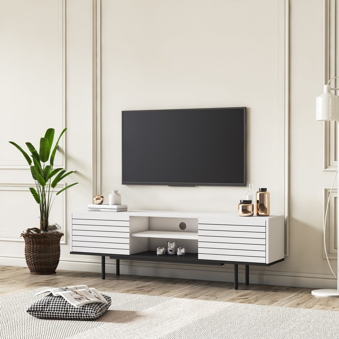 Meuble TV moderne 160cm 2 portes Colosseo Bois Blanc