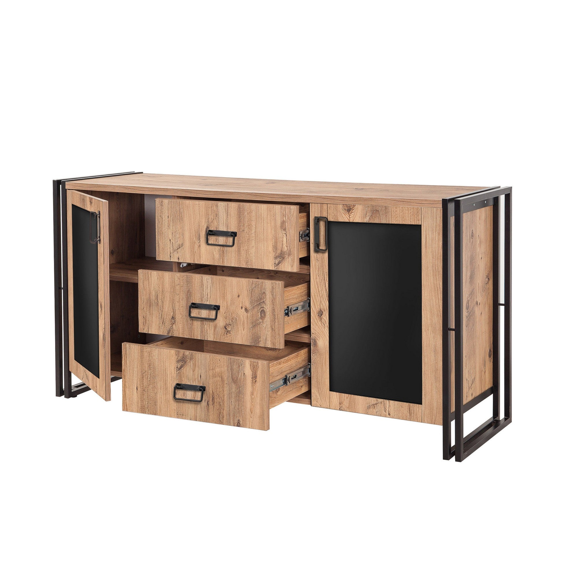 Buffet 2 portes 3 tiroirs style industriel bois chêne clair et métal noir Dukita 160cm