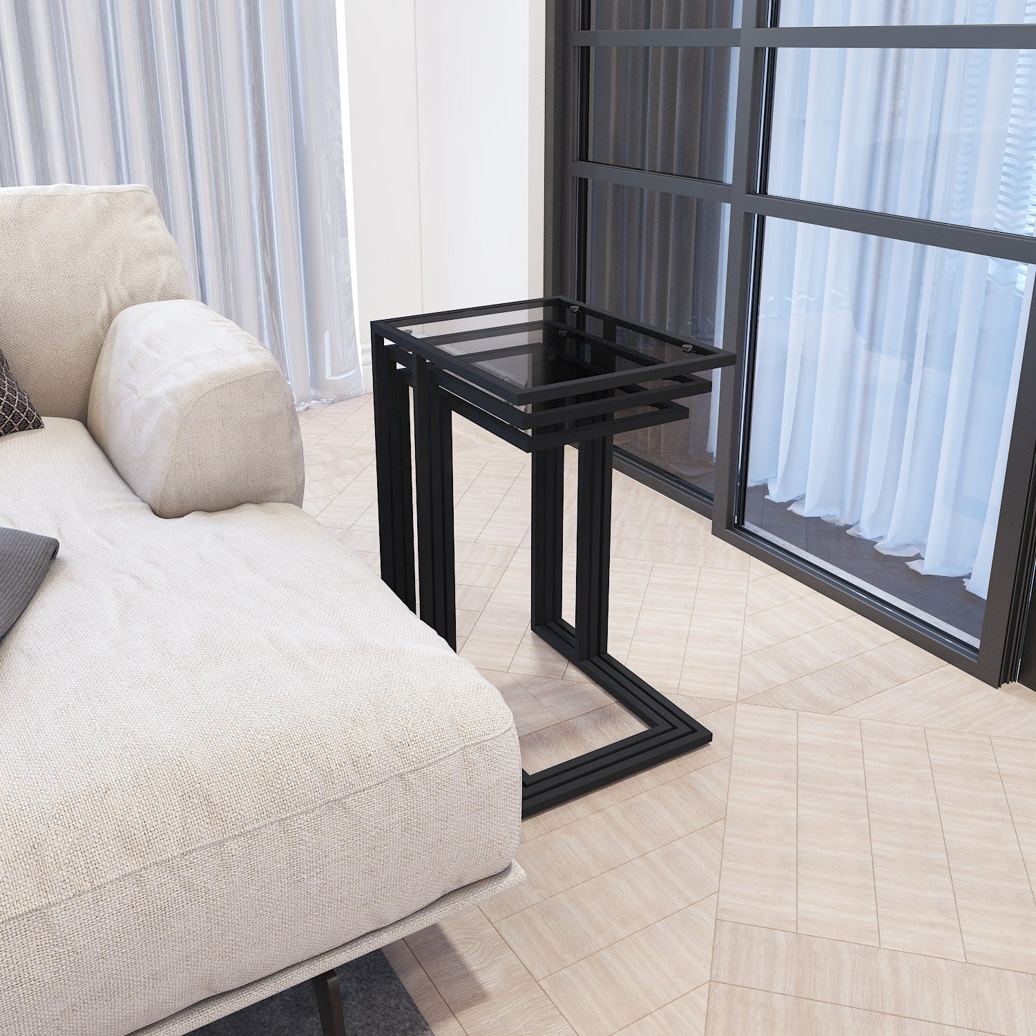 Table de nidification (3 pièces) İbiza - Black, Smoked Glass