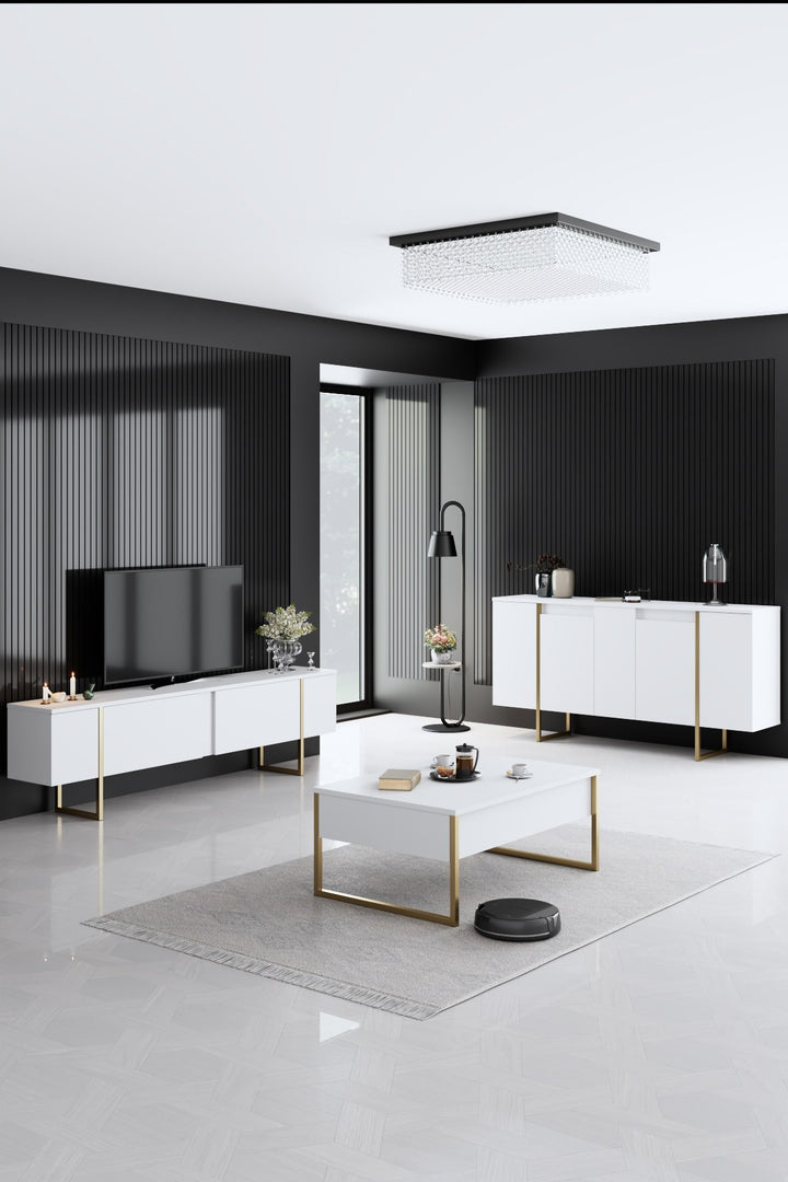 Buffet bas Sibylle L160cm Métal Or et Bois Blanc
