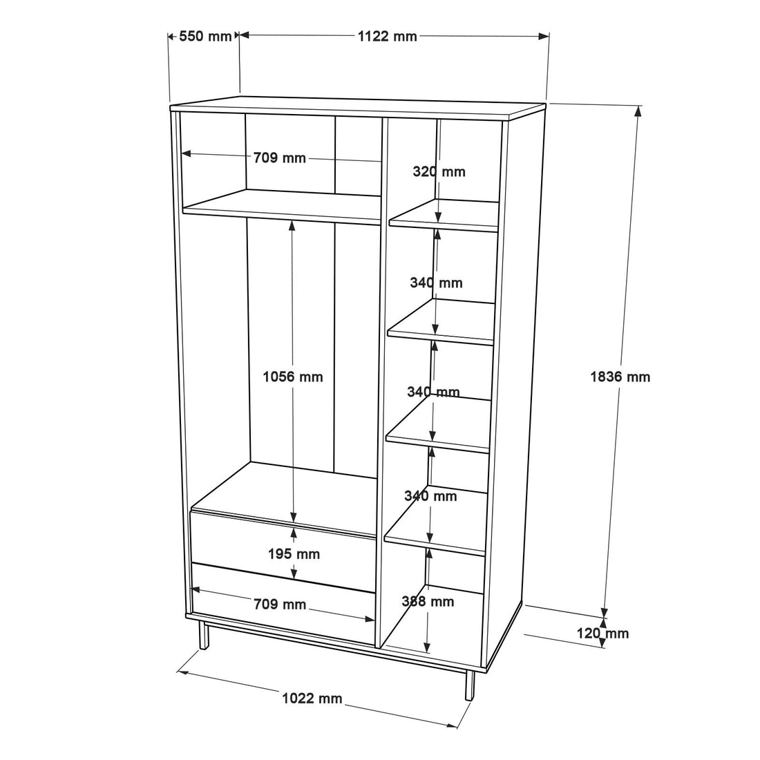 Armoire 3 portes et 2 tiroirs Evelis L112cm Blanc